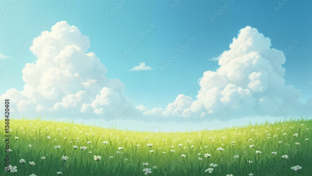 Fototapeta premium Blue sky, white clouds, green grass