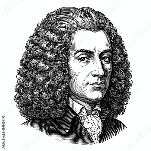 Portrait of Johann Sebastian Bach: An elegant, historically accurate rendering of the famed composer, revealing his intense gaze and intricate hairstyle.