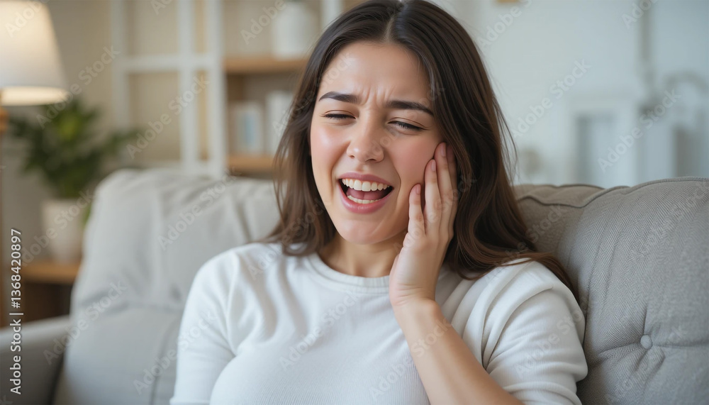 A young woman experiencing intense toothache, clutching her jaw in discomfort on a soft, neutral-toned couch. A young woman experiencing intense toothache, clutching her jaw in discomfort on a soft, neutral-toned couch.
