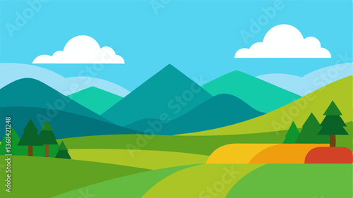 Beautiful landscape vector illustration of mountains, forests, fields and meadows. Stunning panoramic farm landscape with mountains in the background. Natural landscape