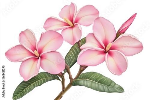 Lush bouquet of three vibrant pink flowers with green leaves against a white background.