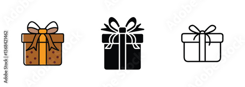 Gift Box Icons Brown, Black, Outline Styles, Present, Ribbon, Bow