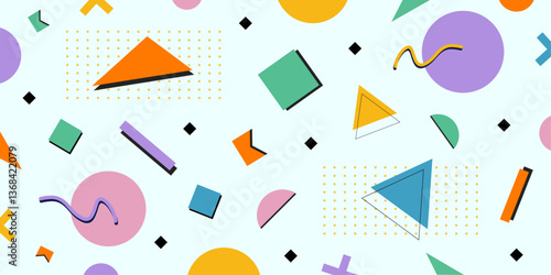 Abstract background featuring vibrant geometric shapes in bright, contrasting colors. Retro inspired memphis style background.
