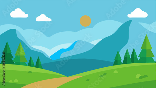 Beautiful landscape vector illustration of mountains, forests, fields and meadows. Stunning panoramic farm landscape with mountains in the background. Natural landscape