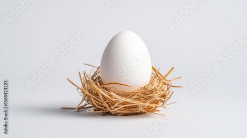 Minimalist white egg in a straw nest on a plain background
