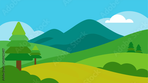 Beautiful landscape vector illustration of mountains, forests, fields and meadows. Stunning panoramic farm landscape with mountains in the background. Natural landscape