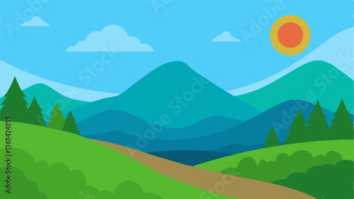 Beautiful landscape vector illustration of mountains, forests, fields and meadows. Stunning panoramic farm landscape with mountains in the background. Natural landscape