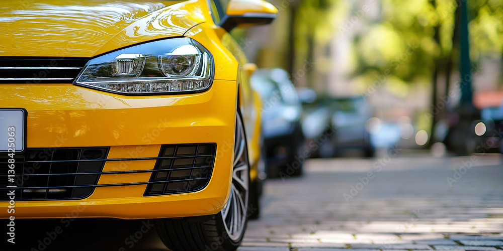 Fototapeta premium An artistic close-up shot of a shiny yellow car capturing its curves and attention to detail.