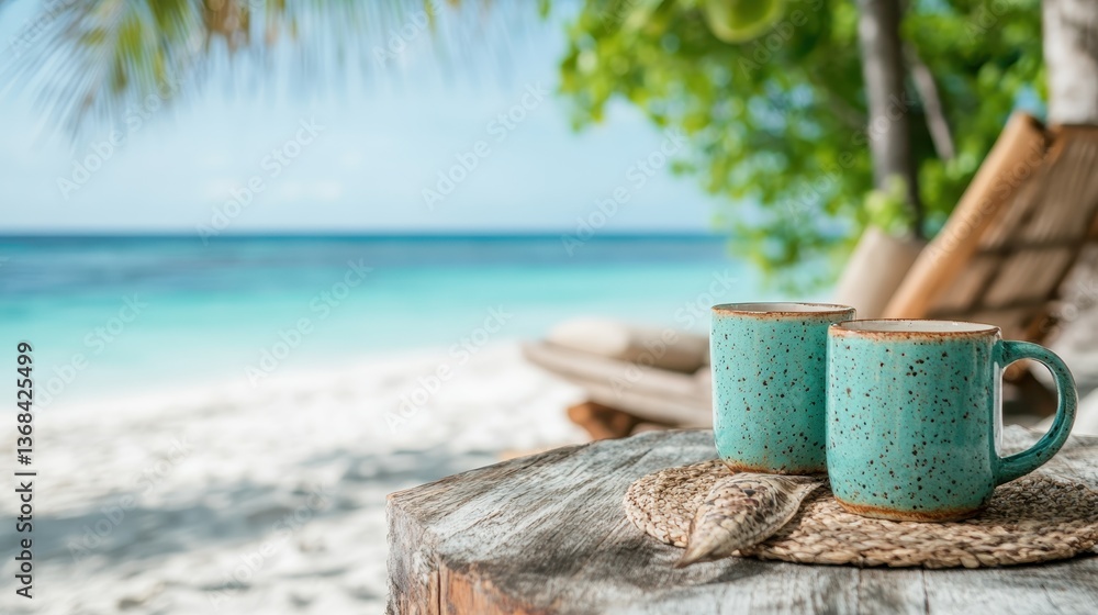 Two speckled turquoise mugs sit on a wooden table overlooking a picturesque beach, embodying the essence of relaxation and tropical outdoor enjoyment. Two speckled turquoise mugs sit on a wooden table overlooking a picturesque beach, embodying the essence of relaxation and tropical outdoor enjoyment.