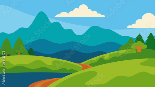 Beautiful landscape vector illustration of mountains, forests, fields and meadows. Stunning panoramic farm landscape with mountains in the background. Natural landscape