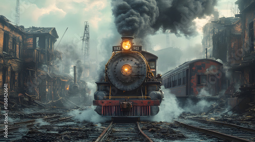 Vintage steam train emerging from a smoky, abandoned railway station amidst ruins