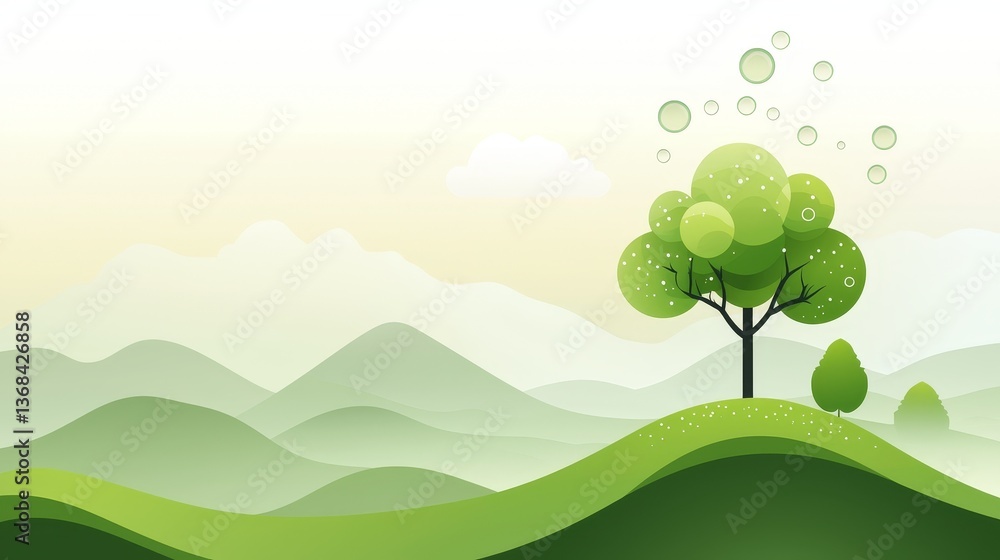 Obraz premium Majestic mountain vista, lone tree on verdant hillside against stunning backdrop