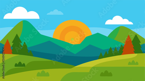 Beautiful landscape vector illustration of mountains, forests, fields and meadows. Stunning panoramic farm landscape with mountains in the background. Natural landscape