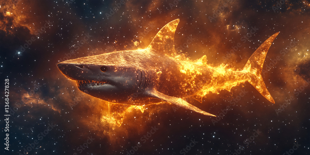 Obraz premium Celestial Shark Made of Stardust Swimming Through the Galaxy Background for Fantasy Art, Cosmic Designs, or Surreal Illustrations
