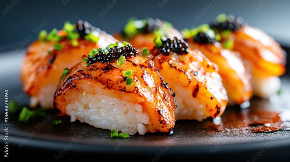 A visually appealing arrangement of shrimp sushi with caviar is displayed on a dark plate, emphasizing the careful details and flavors of this gourmet dish. A visually appealing arrangement of shrimp sushi with caviar is displayed on a dark plate, emphasizing the careful details and flavors of this gourmet dish.
