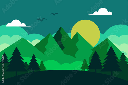 beautiful landscape vector illustration of mountains, forests, fields and meadows. Stunning panoramic farm landscape with mountains in the background. Natural landscape