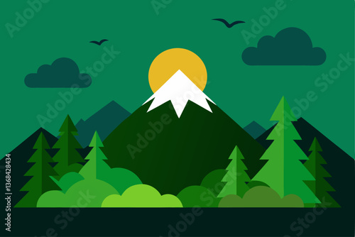 beautiful landscape vector illustration of mountains, forests, fields and meadows. Stunning panoramic farm landscape with mountains in the background. Natural landscape