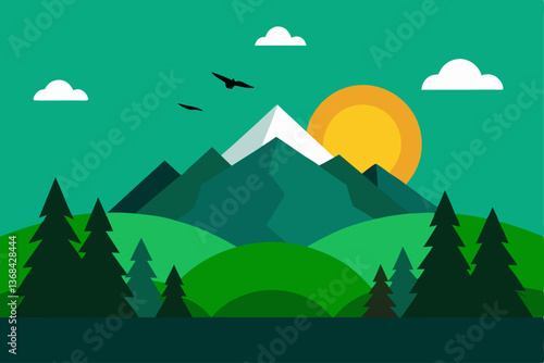 beautiful landscape vector illustration of mountains, forests, fields and meadows. Stunning panoramic farm landscape with mountains in the background. Natural landscape