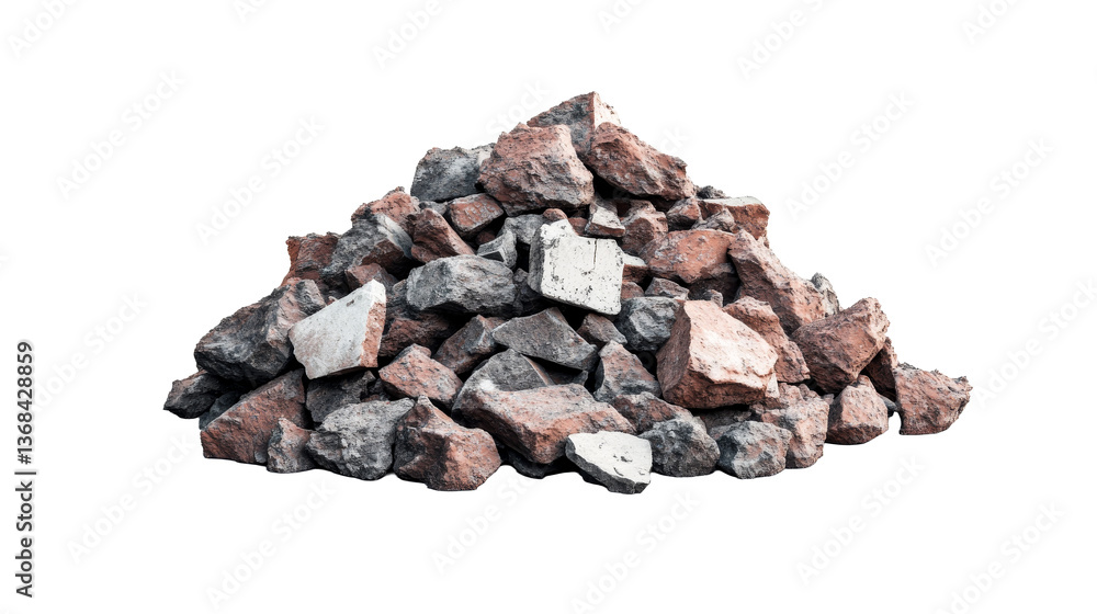 Heap of building broken red bricks and gray stones, cut out transparent