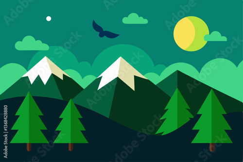beautiful landscape vector illustration of mountains, forests, fields and meadows. Stunning panoramic farm landscape with mountains in the background. Natural landscape
