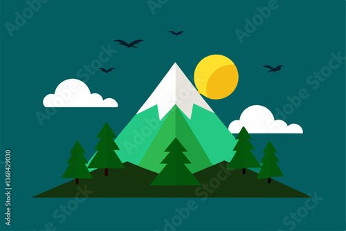 beautiful landscape vector illustration of mountains, forests, fields and meadows. Stunning panoramic farm landscape with mountains in the background. Natural landscape