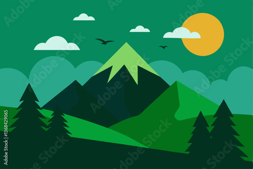 beautiful landscape vector illustration of mountains, forests, fields and meadows. Stunning panoramic farm landscape with mountains in the background. Natural landscape