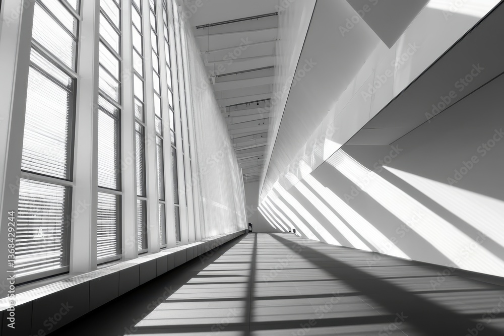 Fototapeta premium Modern architectural design creates striking shadows in a long corridor