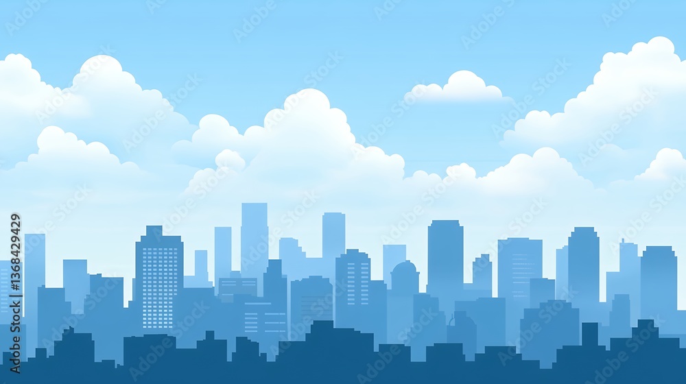 Fototapeta premium Cartoon City Skyline under a Cloudy Sky with Blue Hues for Illustration Design