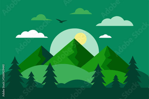 beautiful landscape vector illustration of mountains, forests, fields and meadows. Stunning panoramic farm landscape with mountains in the background. Natural landscape