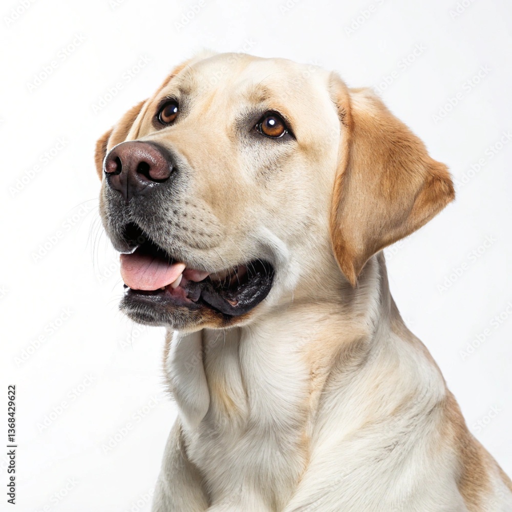 Close-up portrait of a Labrador Retriever on a white background. The well-lit image captures the dog's expressive face, golden fur, and friendly demeanor, ideal for commercial and editorial use. Close-up portrait of a Labrador Retriever on a white background. The well-lit image captures the dog's expressive face, golden fur, and friendly demeanor, ideal for commercial and editorial use.