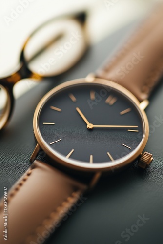 Wallpaper Mural Elegant wristwatch with brown leather strap and glasses, close-up view. Classic design and style Torontodigital.ca