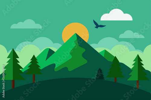 beautiful landscape vector illustration of mountains, forests, fields and meadows. Stunning panoramic farm landscape with mountains in the background. Natural landscape