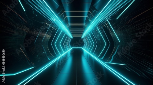 Futuristic neon tunnel with glowing lights.