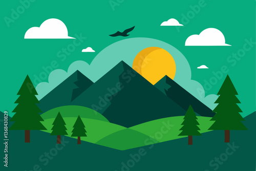 beautiful landscape vector illustration of mountains, forests, fields and meadows. Stunning panoramic farm landscape with mountains in the background. Natural landscape