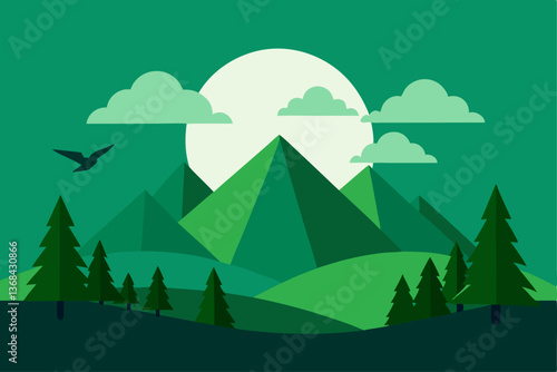 beautiful landscape vector illustration of mountains, forests, fields and meadows. Stunning panoramic farm landscape with mountains in the background. Natural landscape