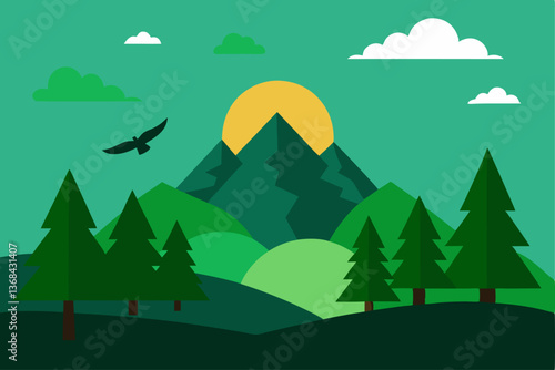beautiful landscape vector illustration of mountains, forests, fields and meadows. Stunning panoramic farm landscape with mountains in the background. Natural landscape