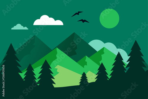 beautiful landscape vector illustration of mountains, forests, fields and meadows. Stunning panoramic farm landscape with mountains in the background. Natural landscape