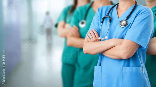International Nurses Day Celebration with a Group of Healthcare Professionals in Blue and Green Scrubs, Medical Team Standing Together, Hospital Staff Unity, Honoring Nurses, Healthcare Heroes