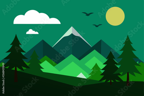 beautiful landscape vector illustration of mountains, forests, fields and meadows. Stunning panoramic farm landscape with mountains in the background. Natural landscape