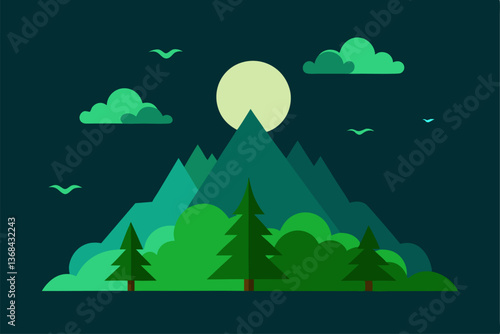 beautiful landscape vector illustration of mountains, forests, fields and meadows. Stunning panoramic farm landscape with mountains in the background. Natural landscape