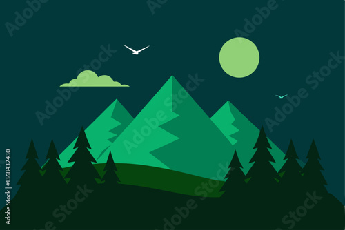beautiful landscape vector illustration of mountains, forests, fields and meadows. Stunning panoramic farm landscape with mountains in the background. Natural landscape