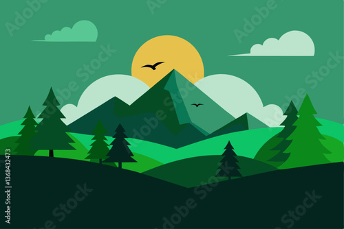 beautiful landscape vector illustration of mountains, forests, fields and meadows. Stunning panoramic farm landscape with mountains in the background. Natural landscape