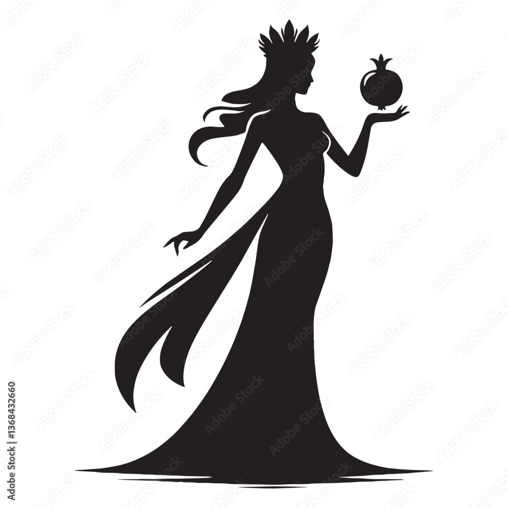 Obraz premium Melancholic Persephone silhouette, longing for the world above - Persephone illustration - Persephone vector - Greek goddess silhouette