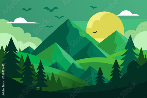beautiful landscape vector illustration of mountains, forests, fields and meadows. Stunning panoramic farm landscape with mountains in the background. Natural landscape