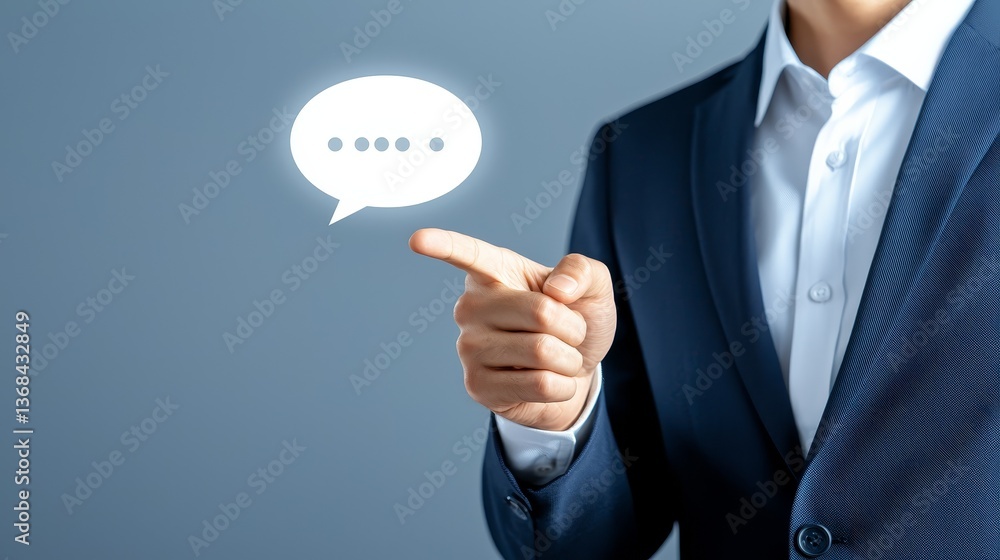 Businessman in suit directing attention to a speech bubble, effective communication in the workplace Businessman in suit directing attention to a speech bubble, effective communication in the workplace