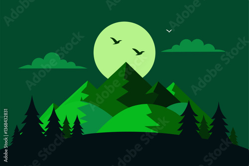 beautiful landscape vector illustration of mountains, forests, fields and meadows. Stunning panoramic farm landscape with mountains in the background. Natural landscape