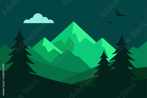 beautiful landscape vector illustration of mountains, forests, fields and meadows. Stunning panoramic farm landscape with mountains in the background. Natural landscape