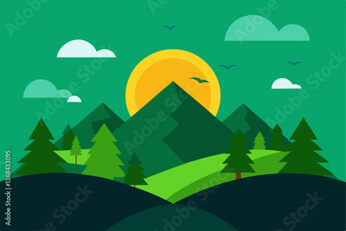 beautiful landscape vector illustration of mountains, forests, fields and meadows. Stunning panoramic farm landscape with mountains in the background. Natural landscape