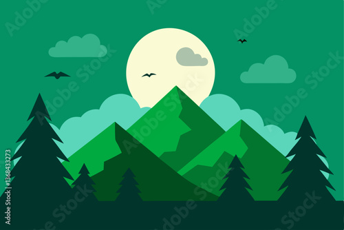 beautiful landscape vector illustration of mountains, forests, fields and meadows. Stunning panoramic farm landscape with mountains in the background. Natural landscape