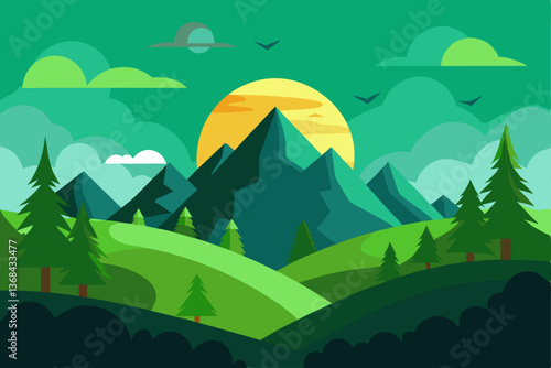 beautiful landscape vector illustration of mountains, forests, fields and meadows. Stunning panoramic farm landscape with mountains in the background. Natural landscape